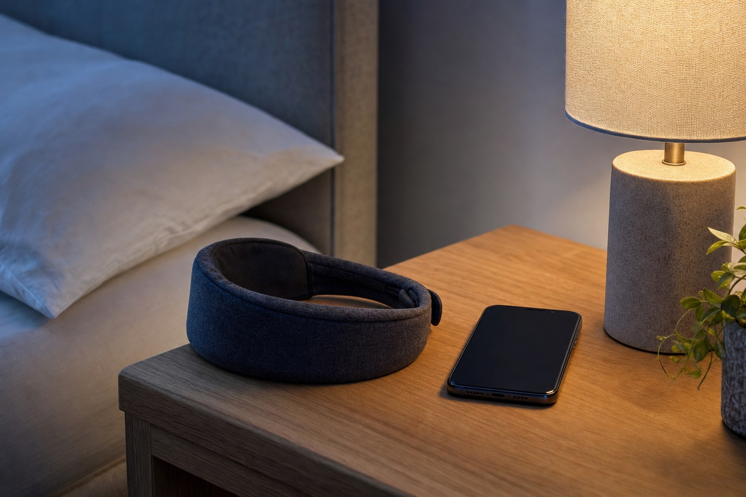 Soft fabric sleep headphone headband and phone on a bedside table beside a lamp
