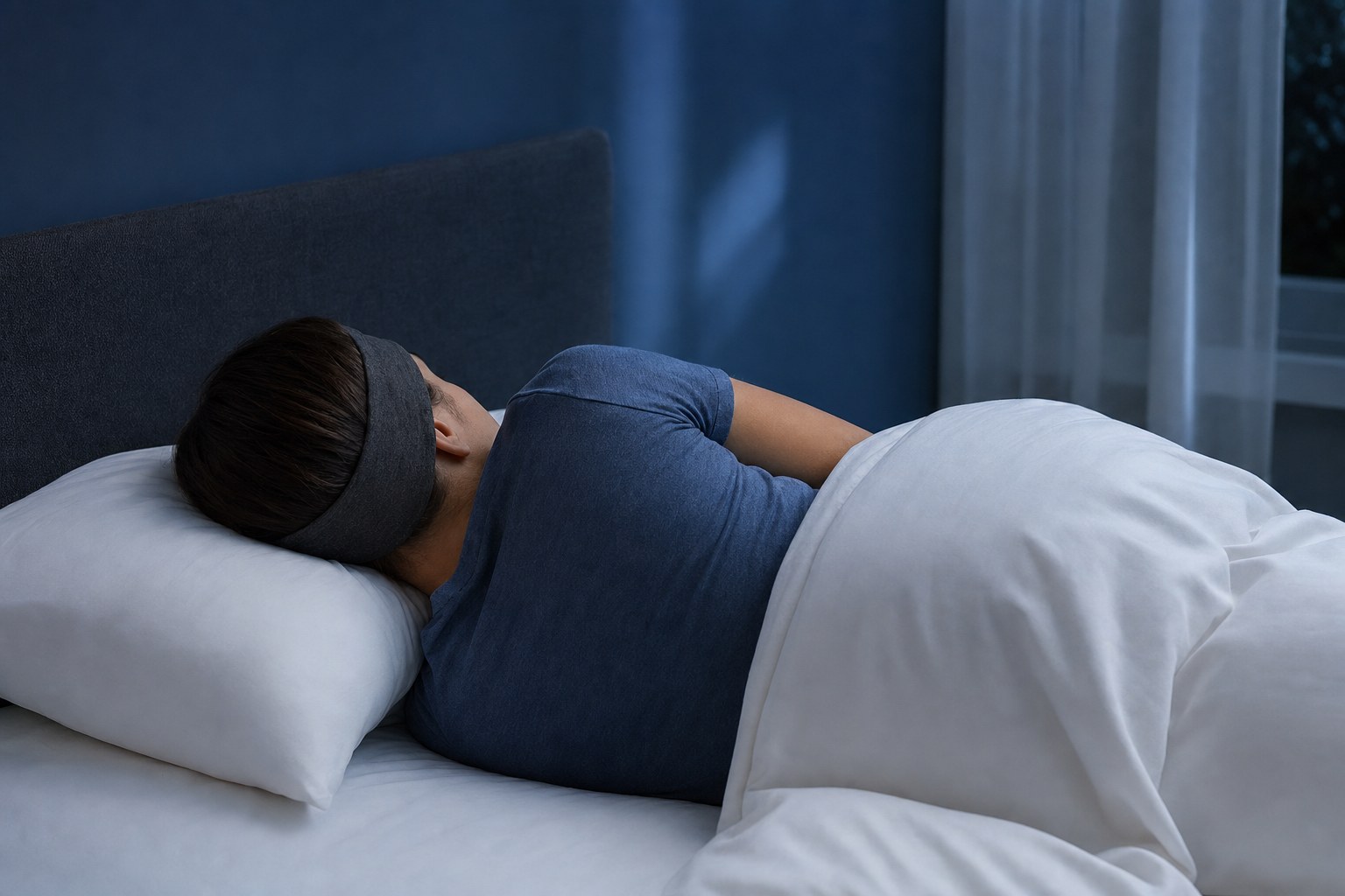 Side sleeper wearing a soft fabric sleep headphone headband in bed