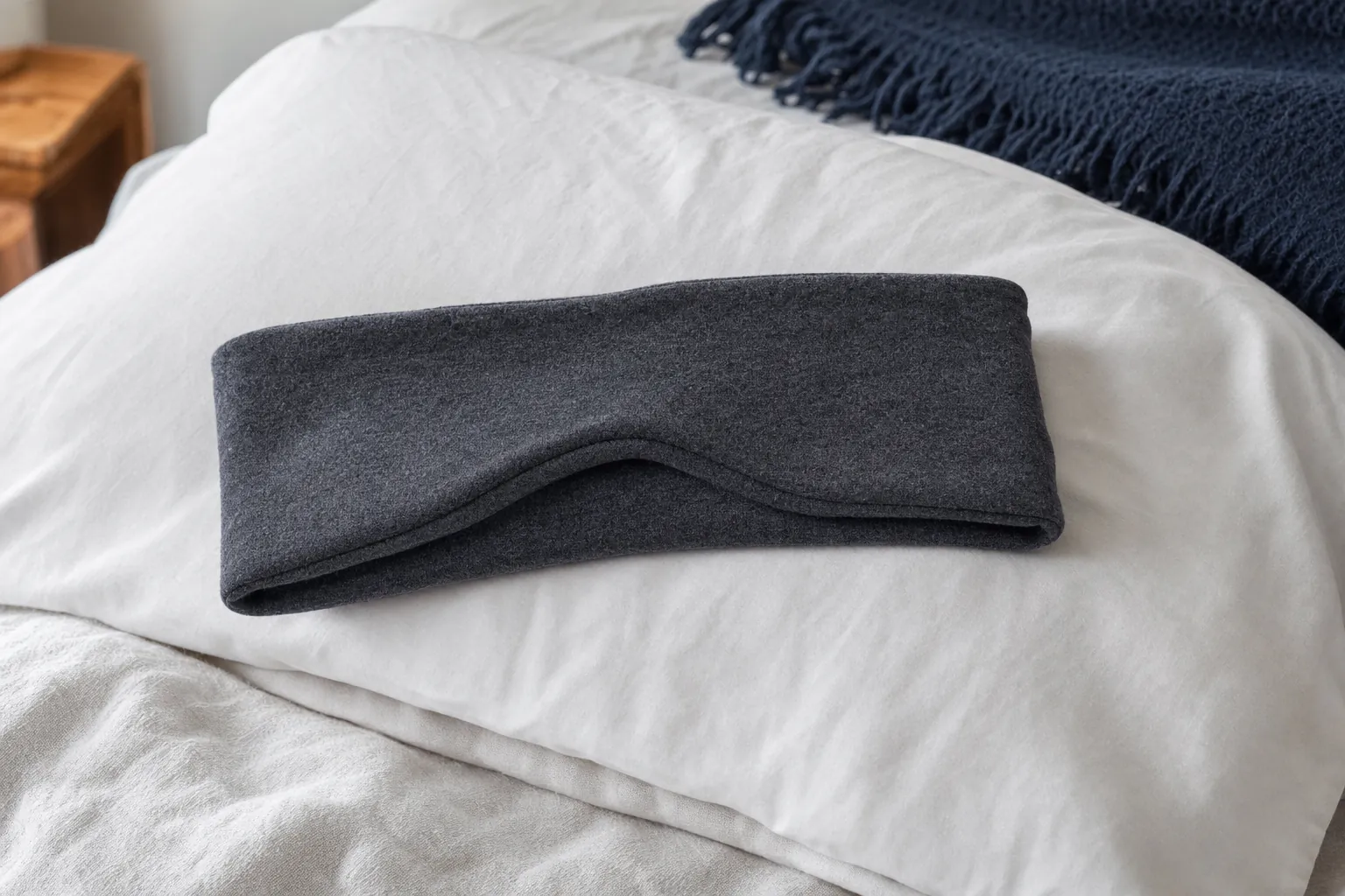 Soft charcoal sleep headphone headband resting on a white pillow