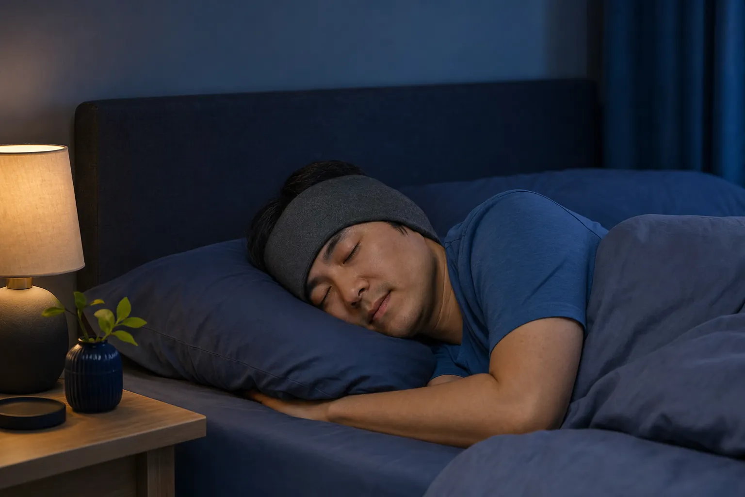 Person sleeping on their side while wearing a soft fabric sleep headphone headband
