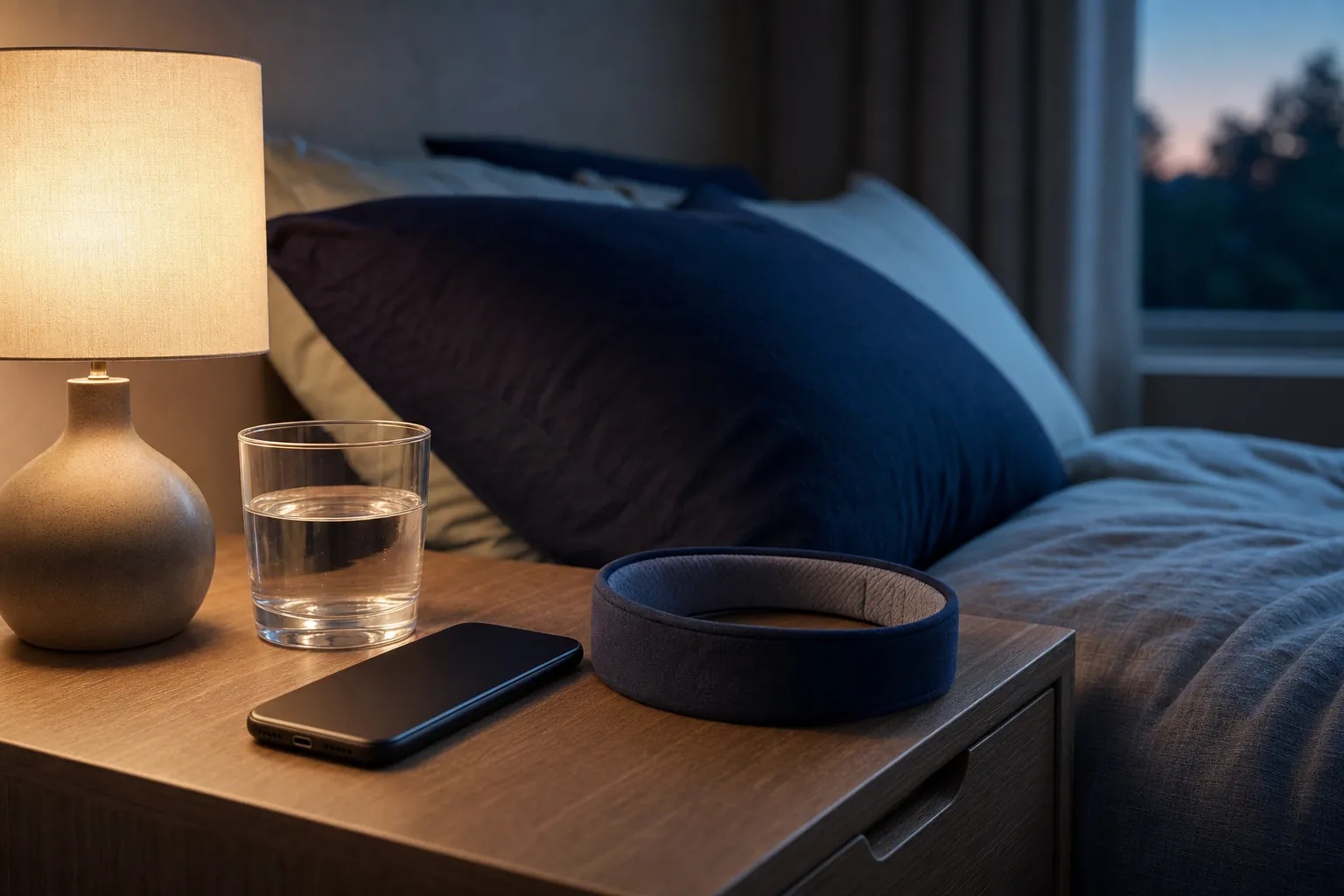 Sleep headphone headband and phone resting on a bedside table beside a warm lamp