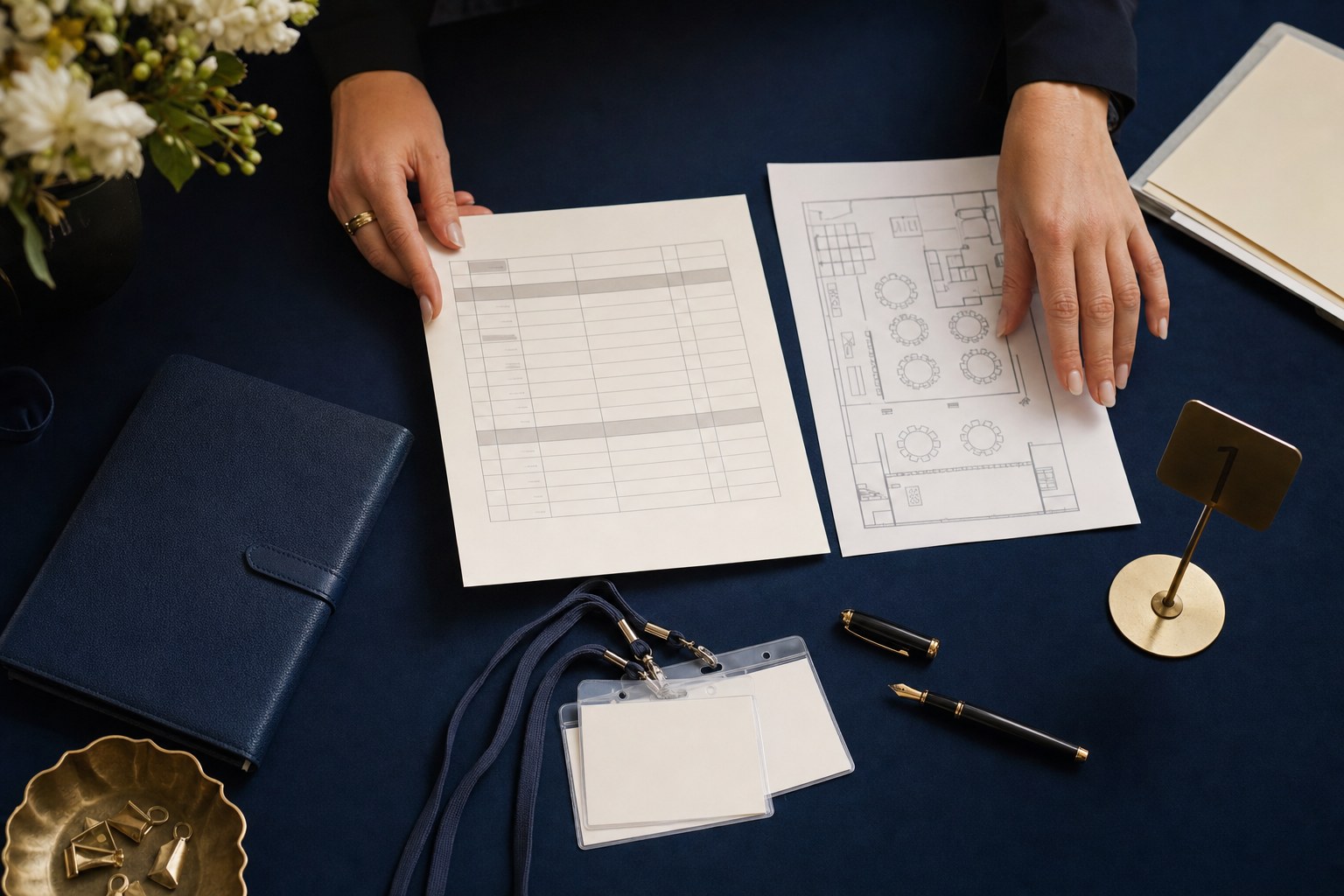 Event planner arranging a run-of-show and venue floor plan on a navy desk
