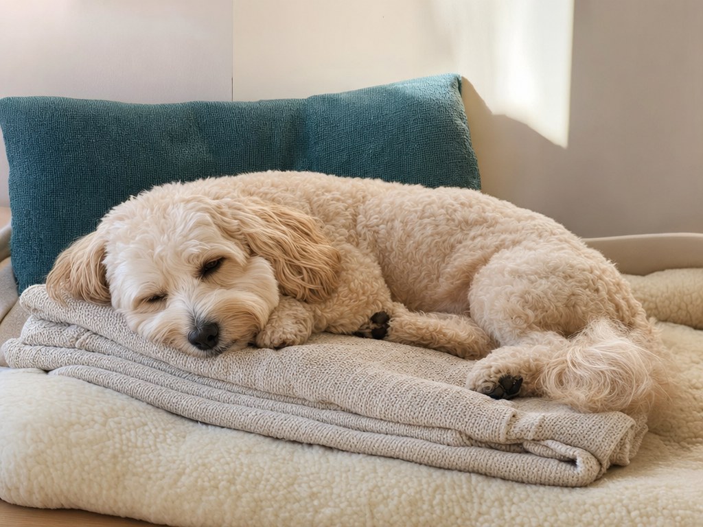 Illustrative cream dog resting on a blanket
