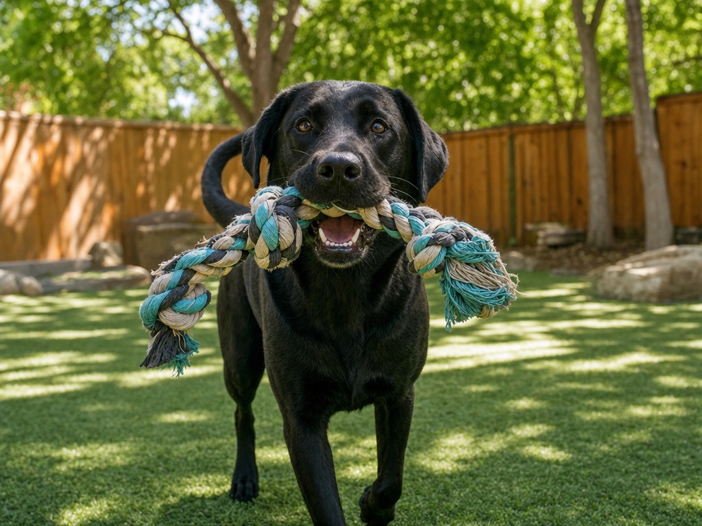 Illustrative black dog holding a rope toy