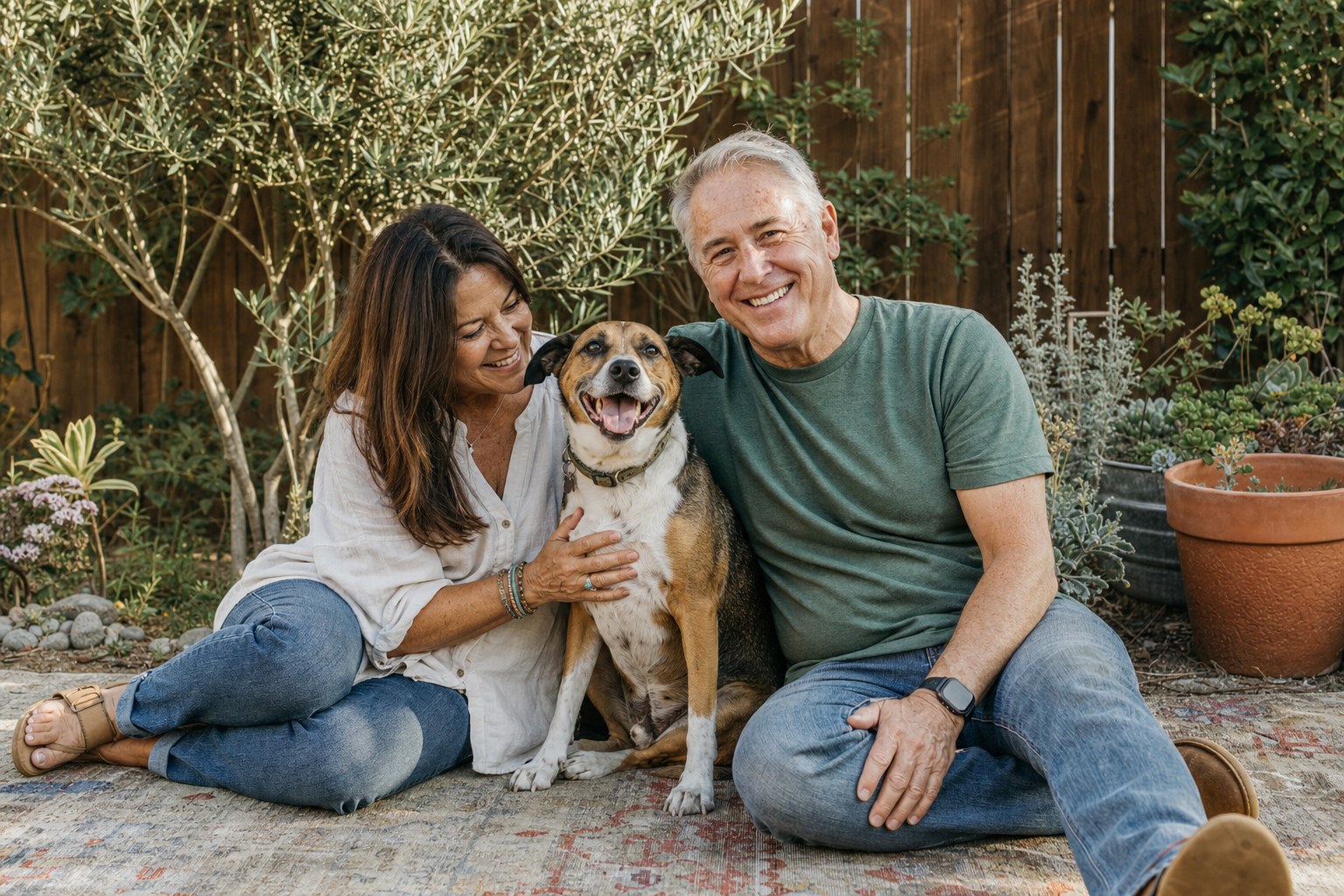 Illustrative family sitting outdoors with their dog