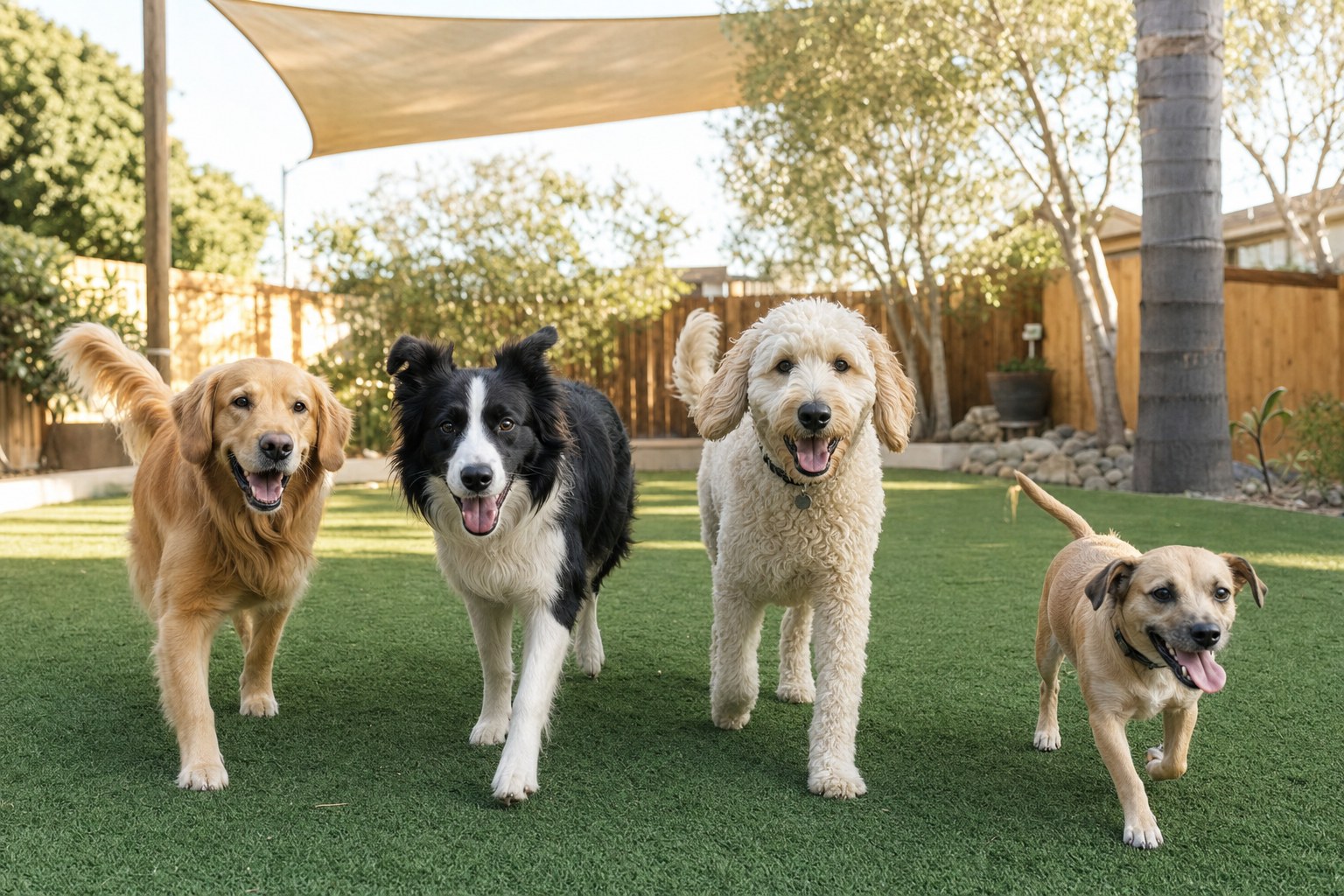 Illustrative group of happy dogs in a sunny outdoor yard