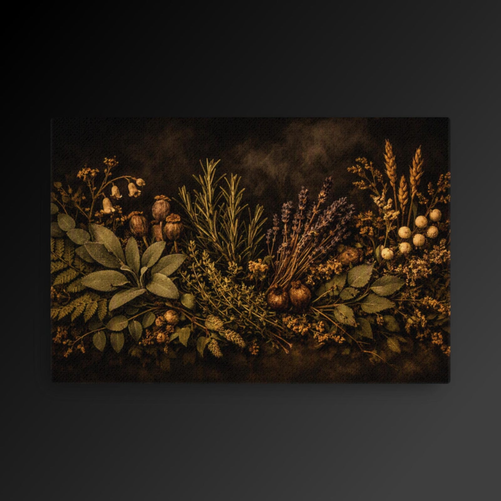Dark Herbalist botanical canvas shown in a room setting