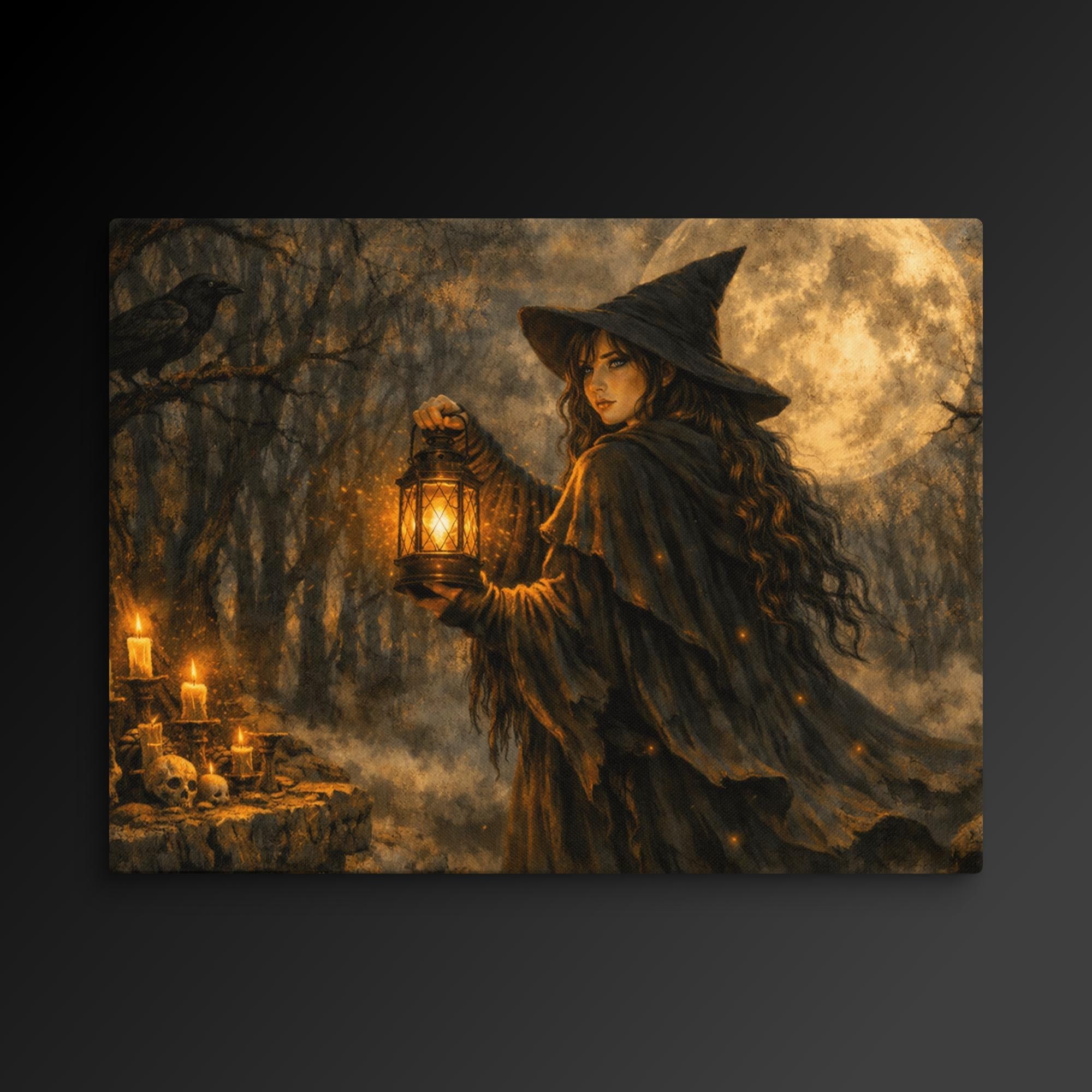 Moonlit forest artwork with a witch and lantern