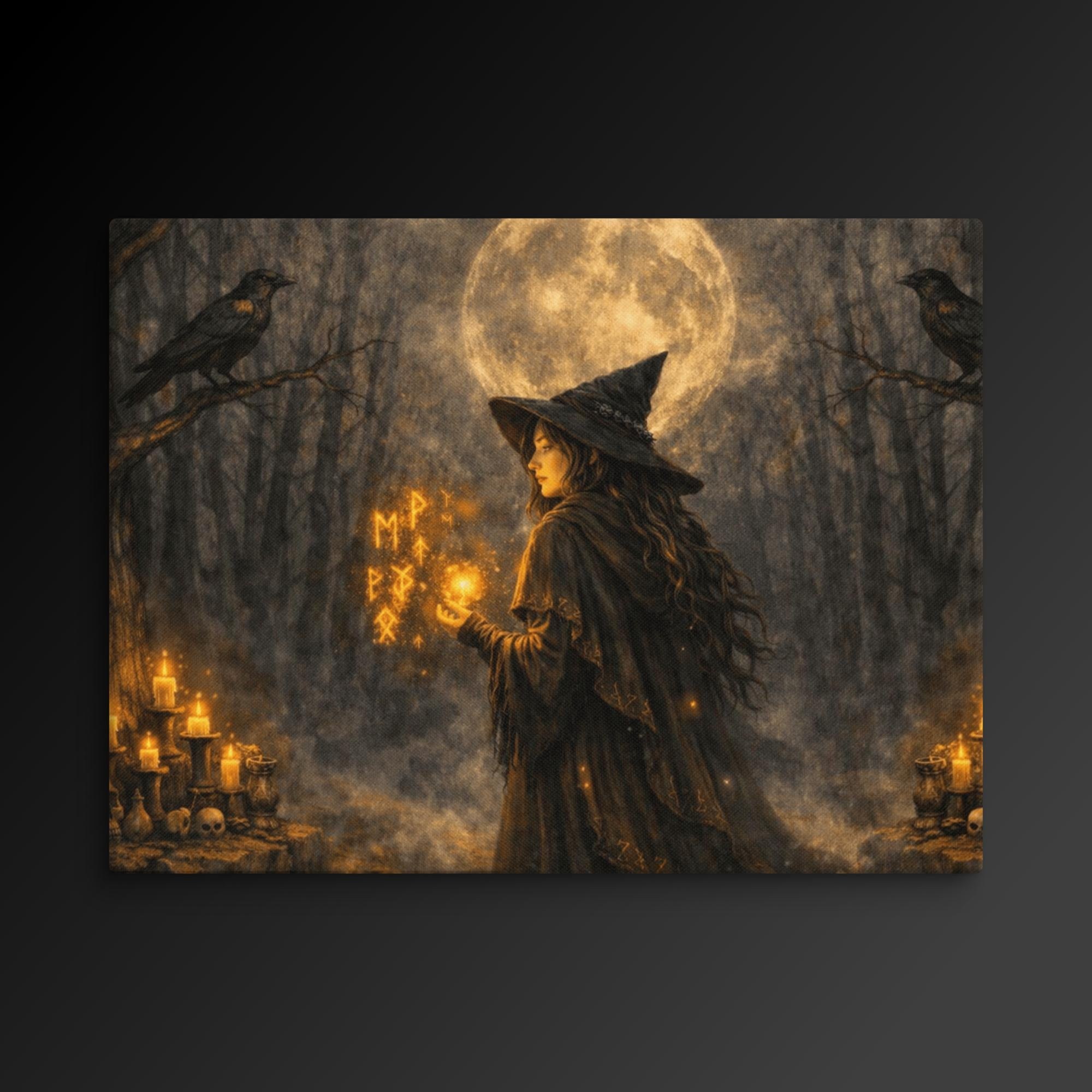 Moonlit forest artwork with glowing runes and ravens