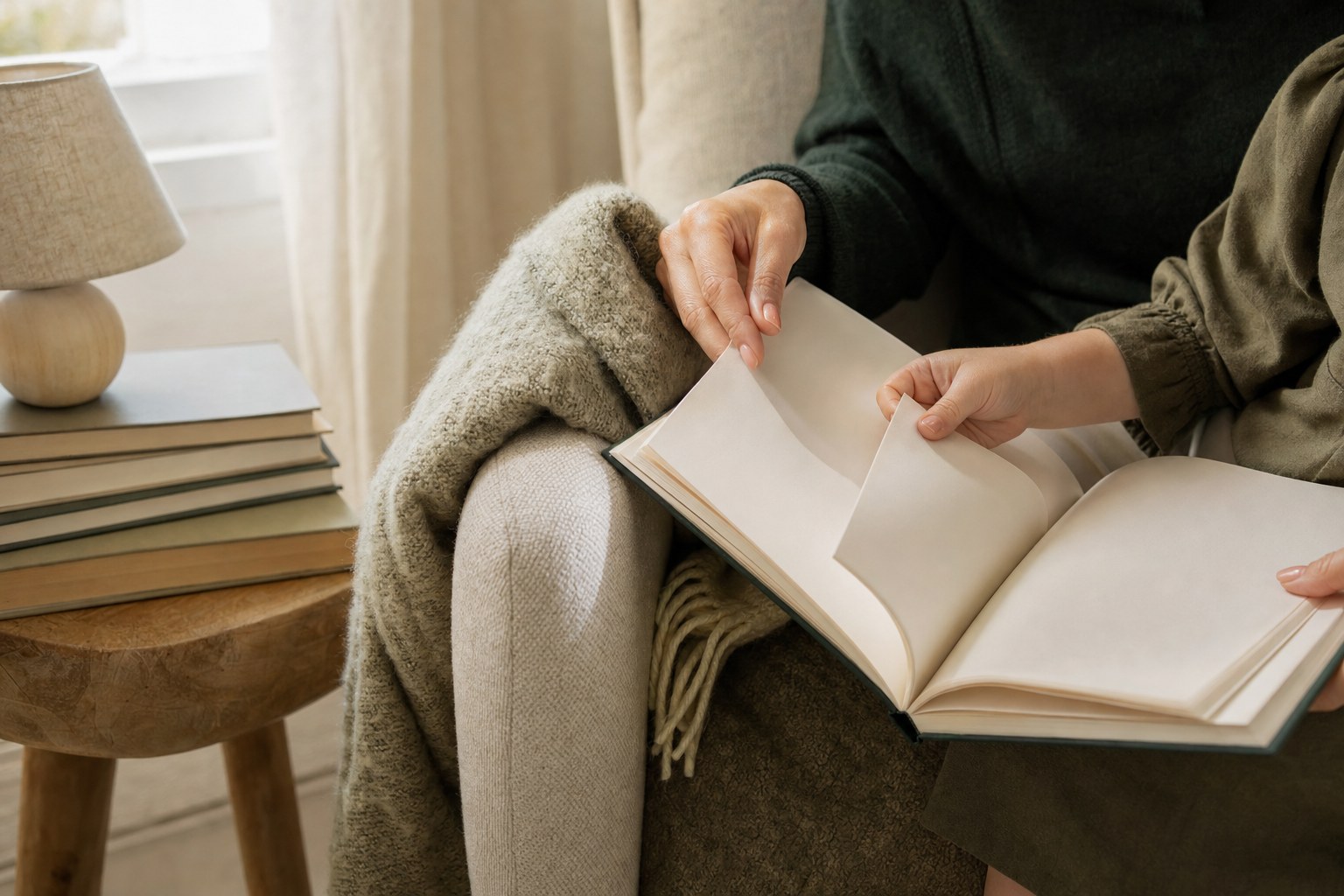 An adult and child turning pages together in a reading nook