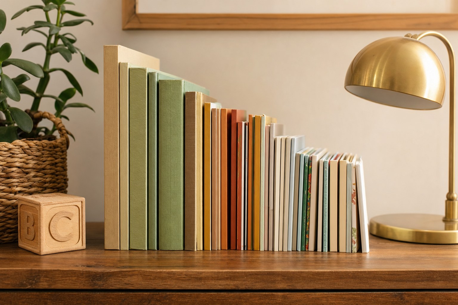 Children’s books arranged beside a warm reading lamp