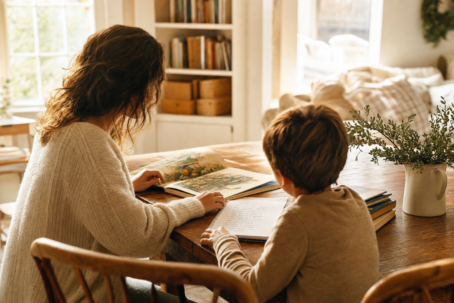 A parent and child reading an illustrated book together at a wooden table