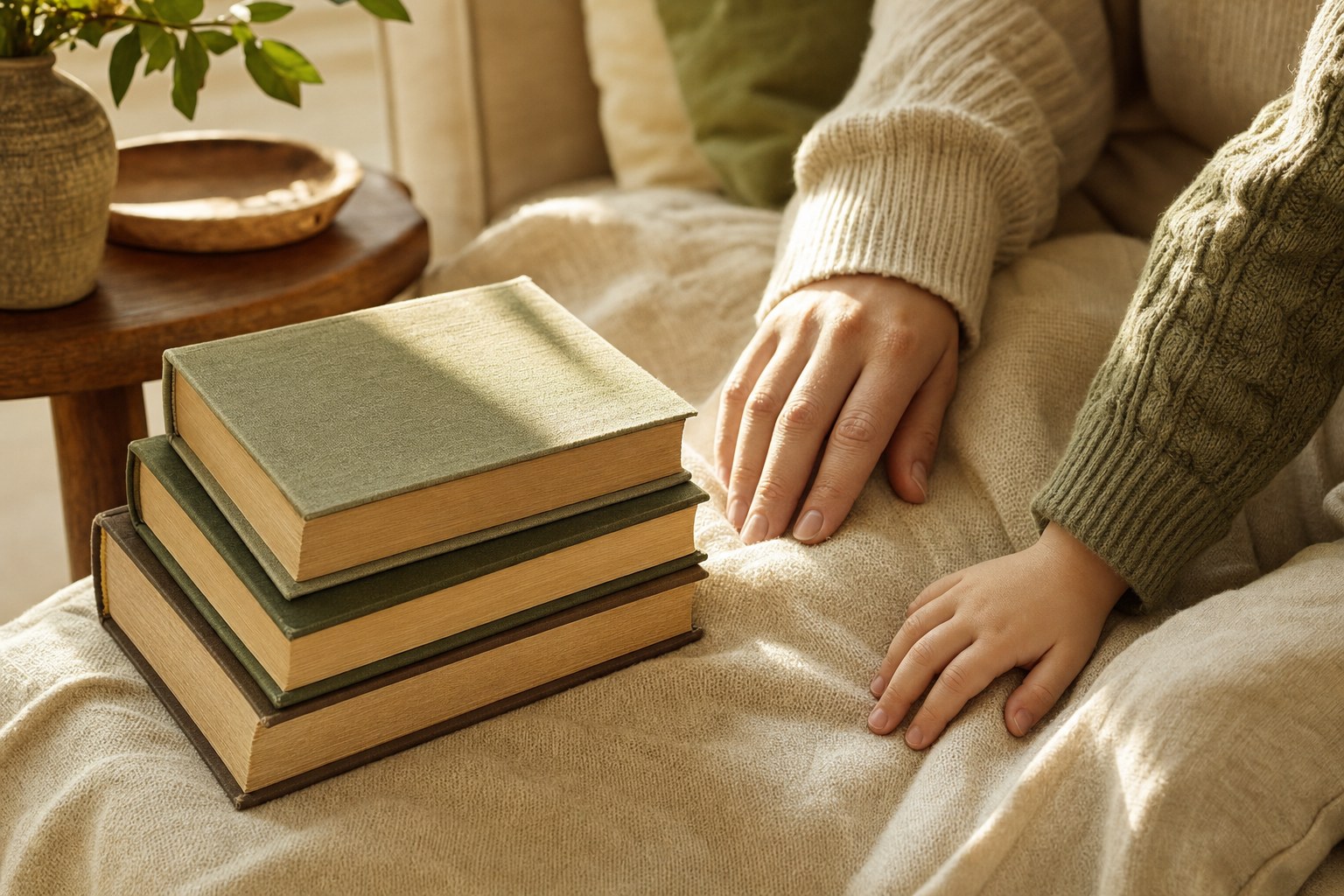 Well-loved books beside a parent and child seated in a sunny reading nook