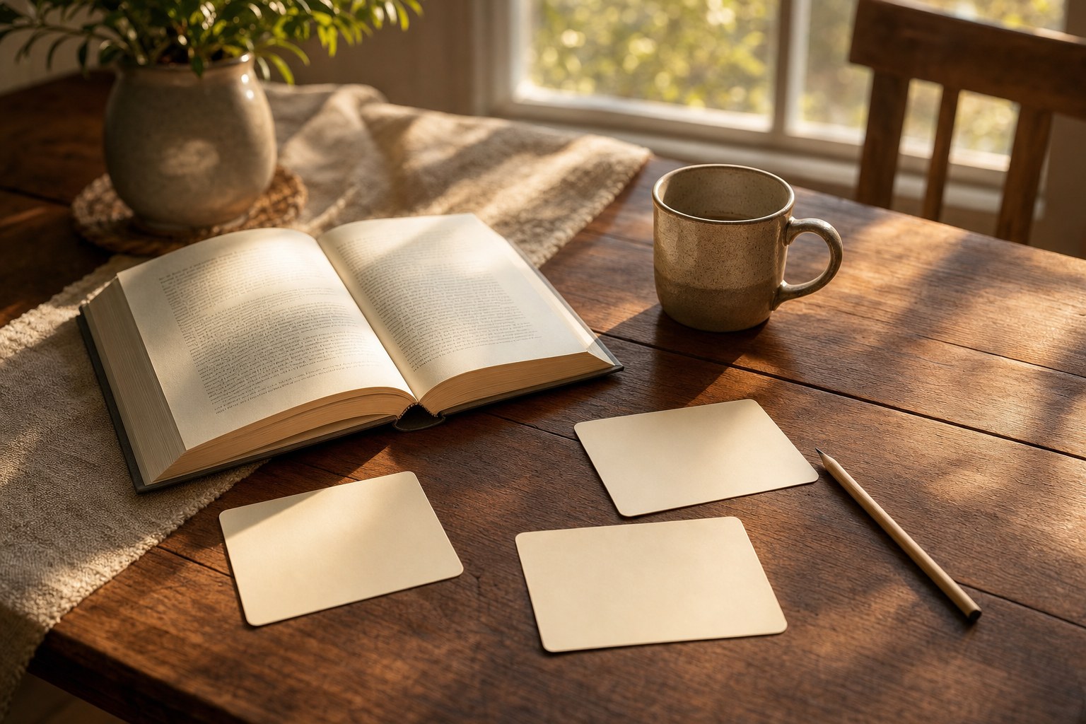 An open book, blank conversation cards, and pencil on a wooden table