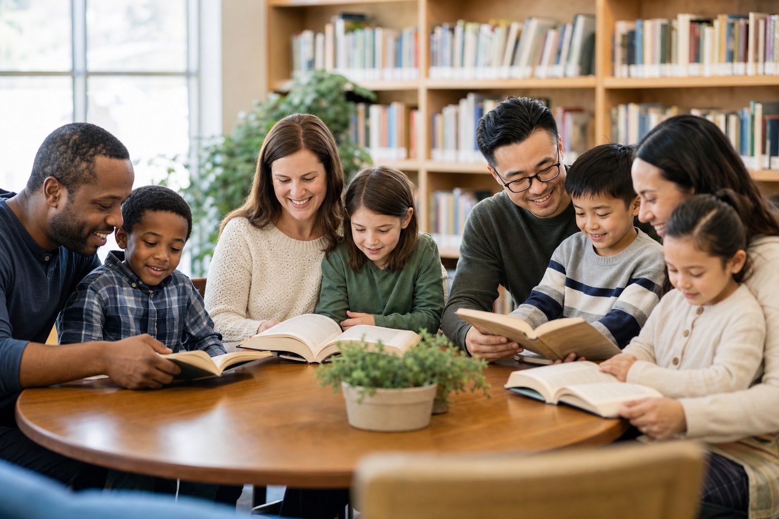 Parents and children sharing books around a community table