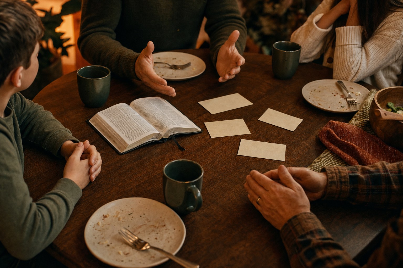 Family hands gathered around an open book and discussion cards