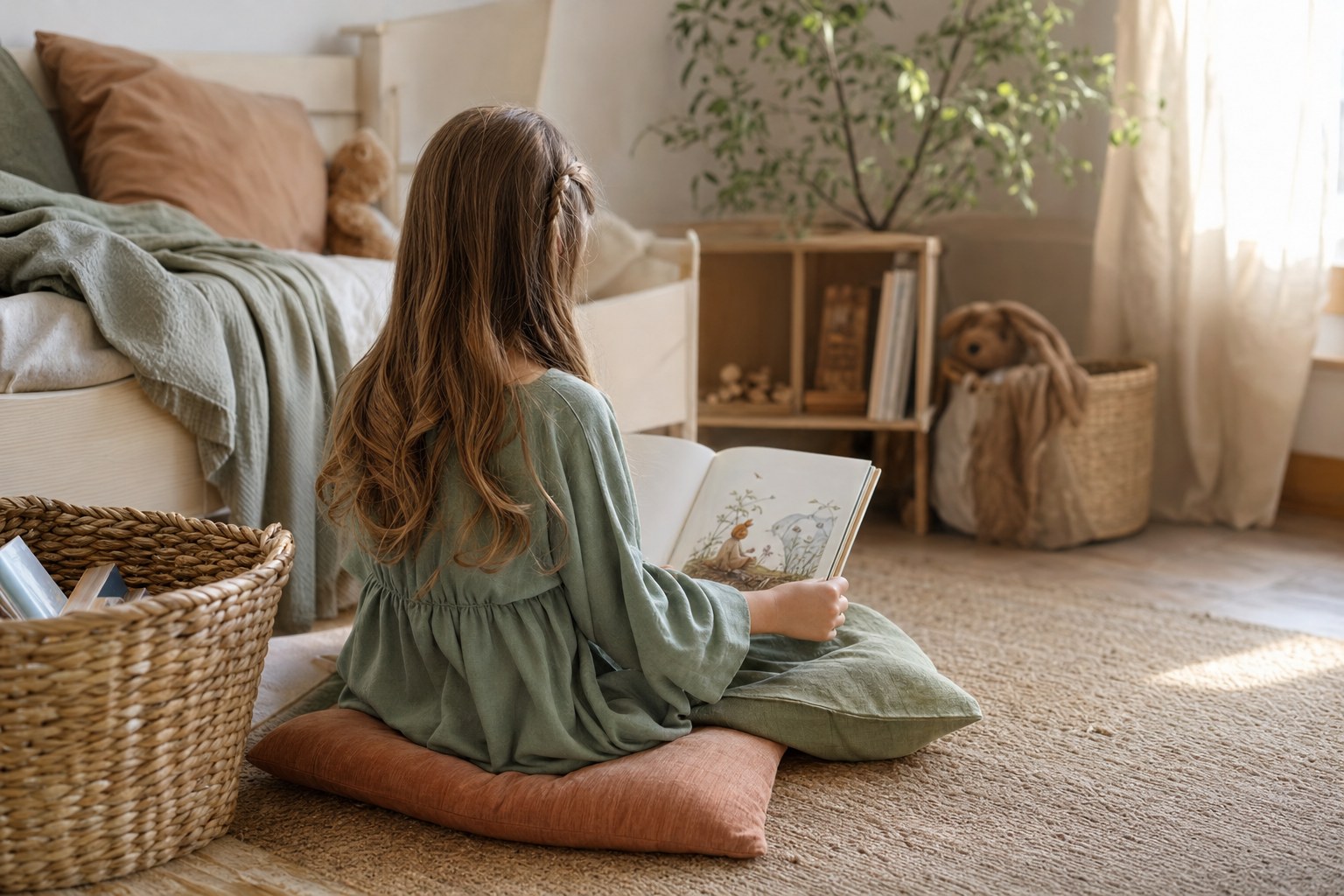 A child reading alone in a cozy bedroom nook
