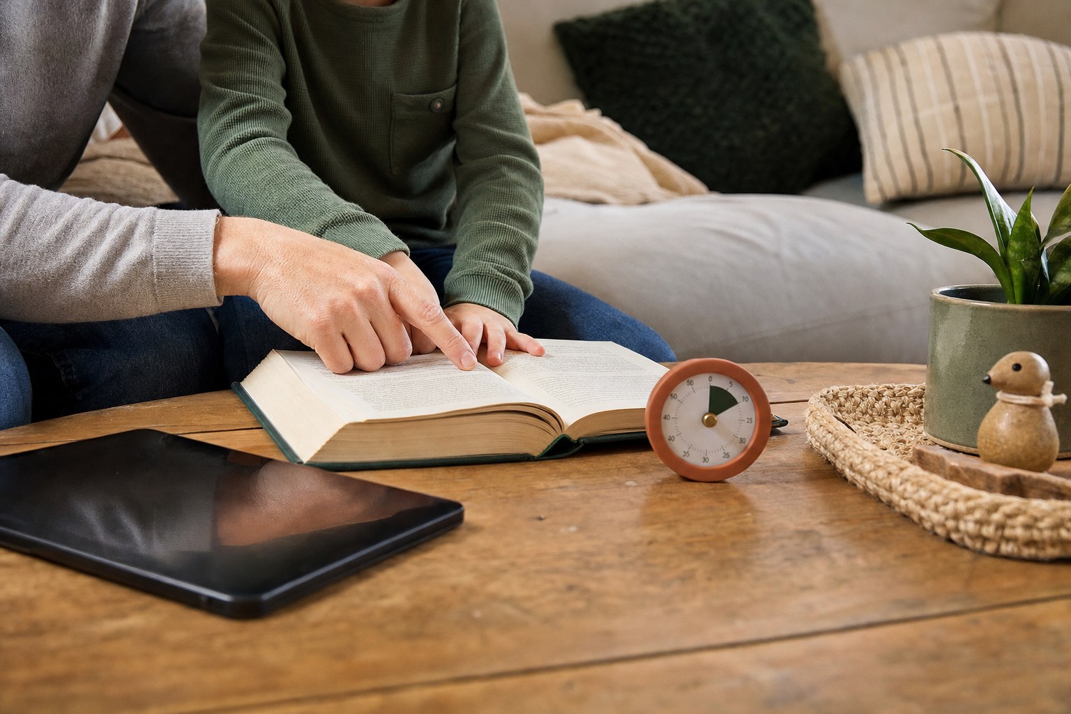 An open book on a living room table beside a tablet set aside