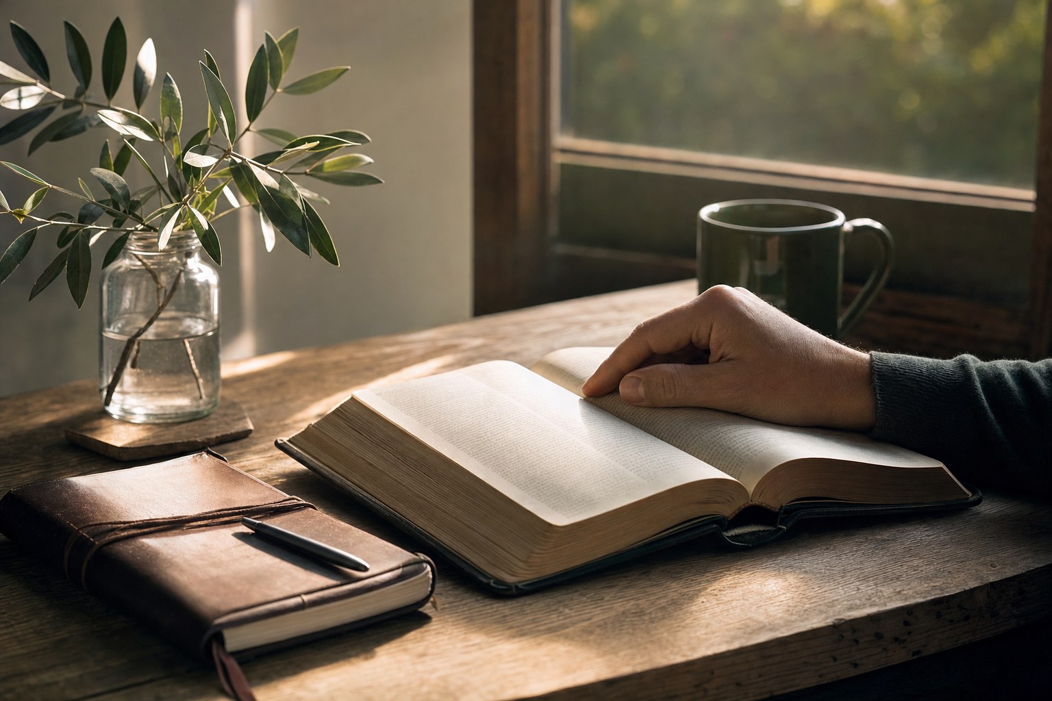 An open book and journal on a quiet desk by a window