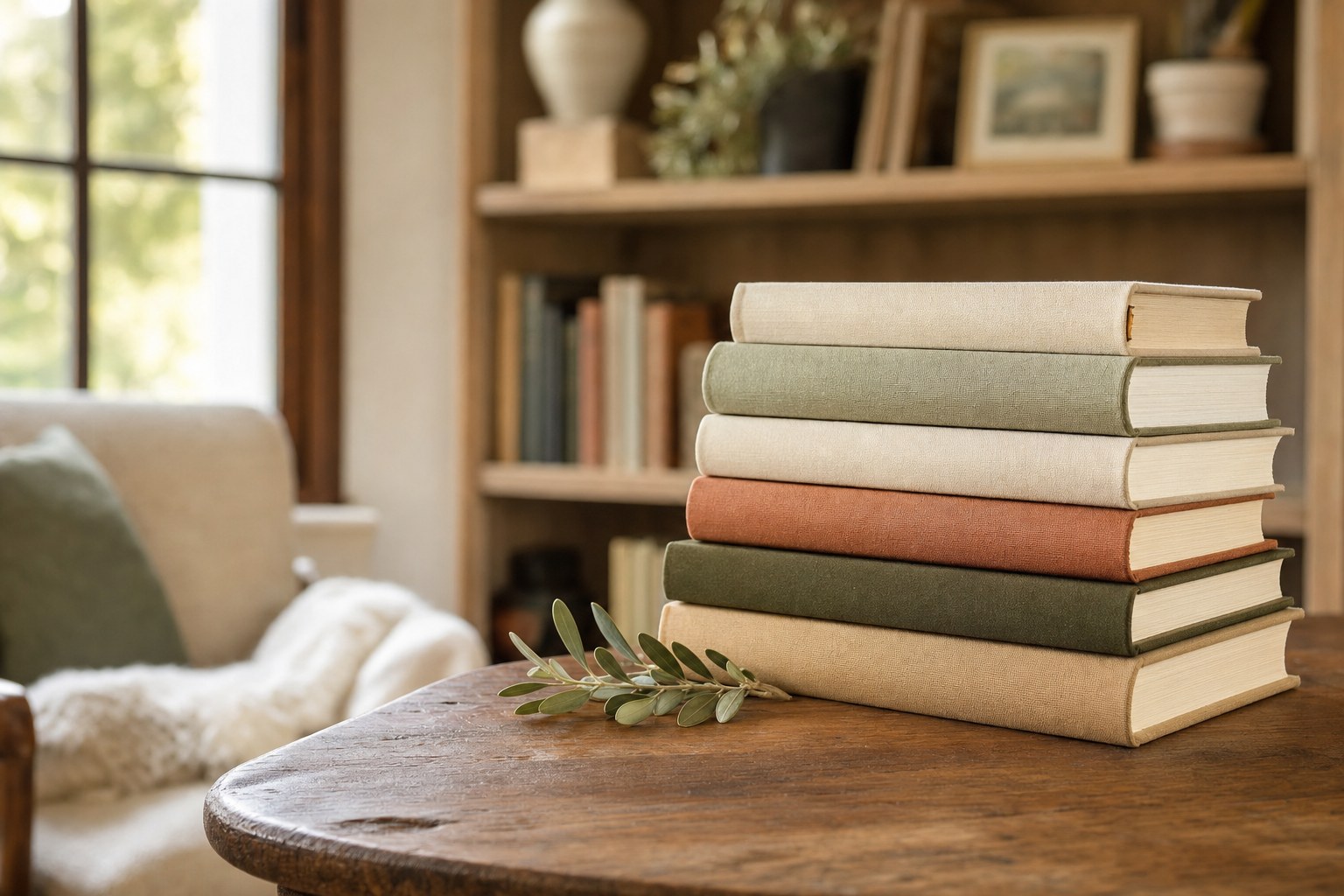 A carefully arranged stack of family books on a table