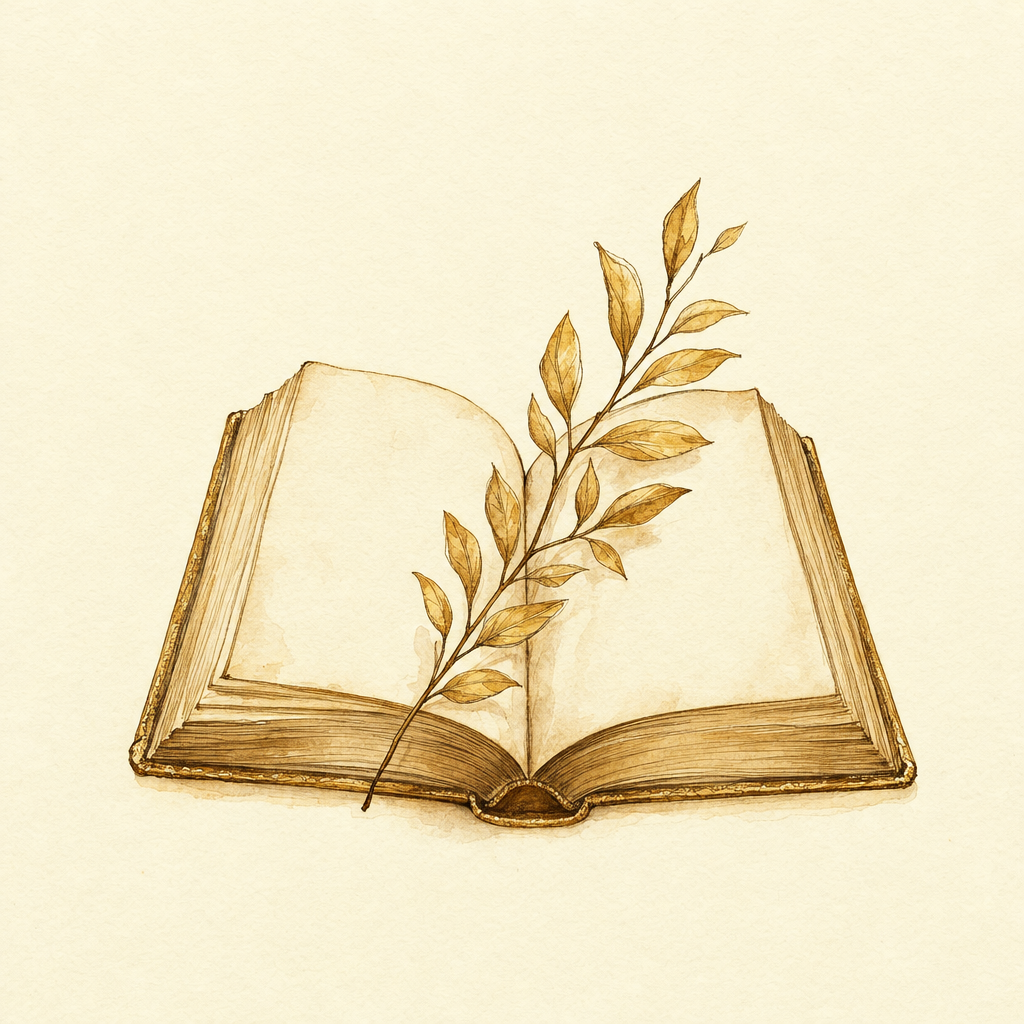 Watercolor illustration of an open book with a golden leafy branch