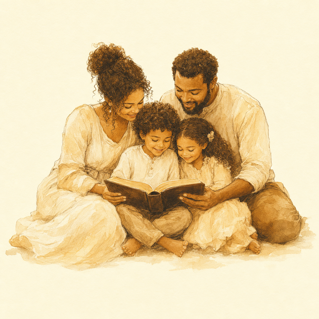 Watercolor illustration of parents and two children sharing an open book