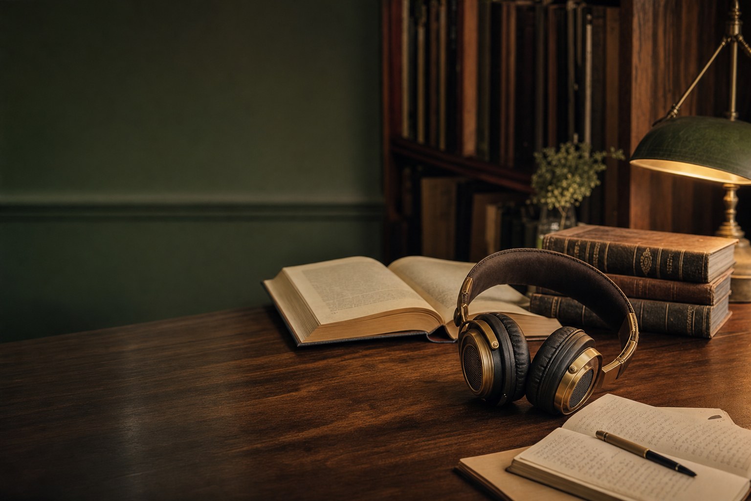 Headphones, open books, and notes in a warmly lit reading room
