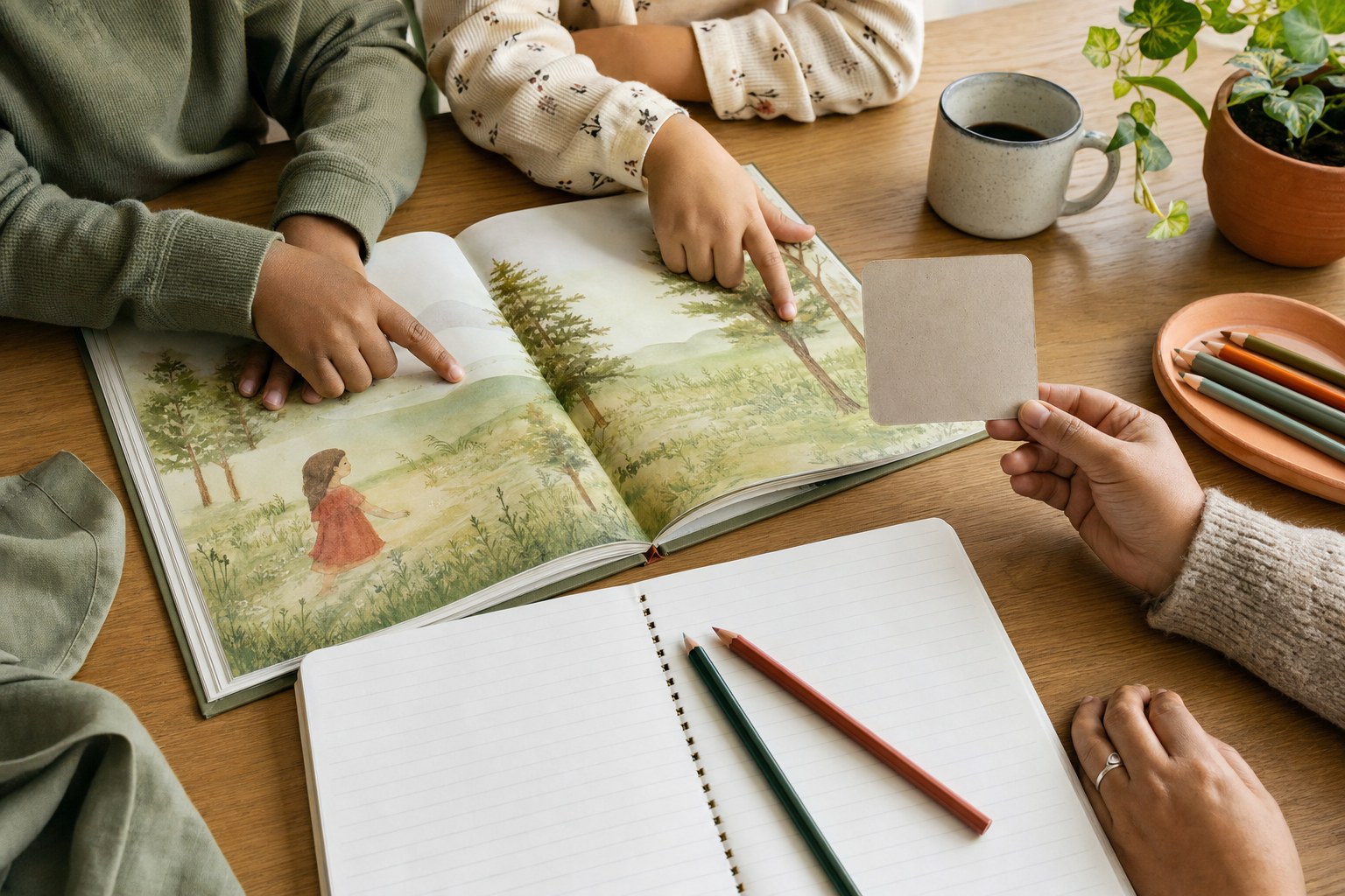 A family reading together at a table with a notebook and pencils