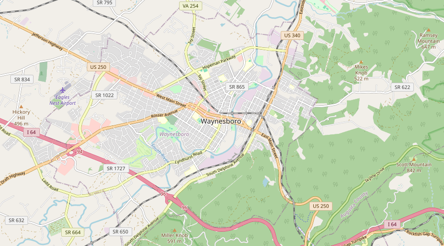 Map of Waynesboro, Virginia, showing downtown, the South River, and nearby roads