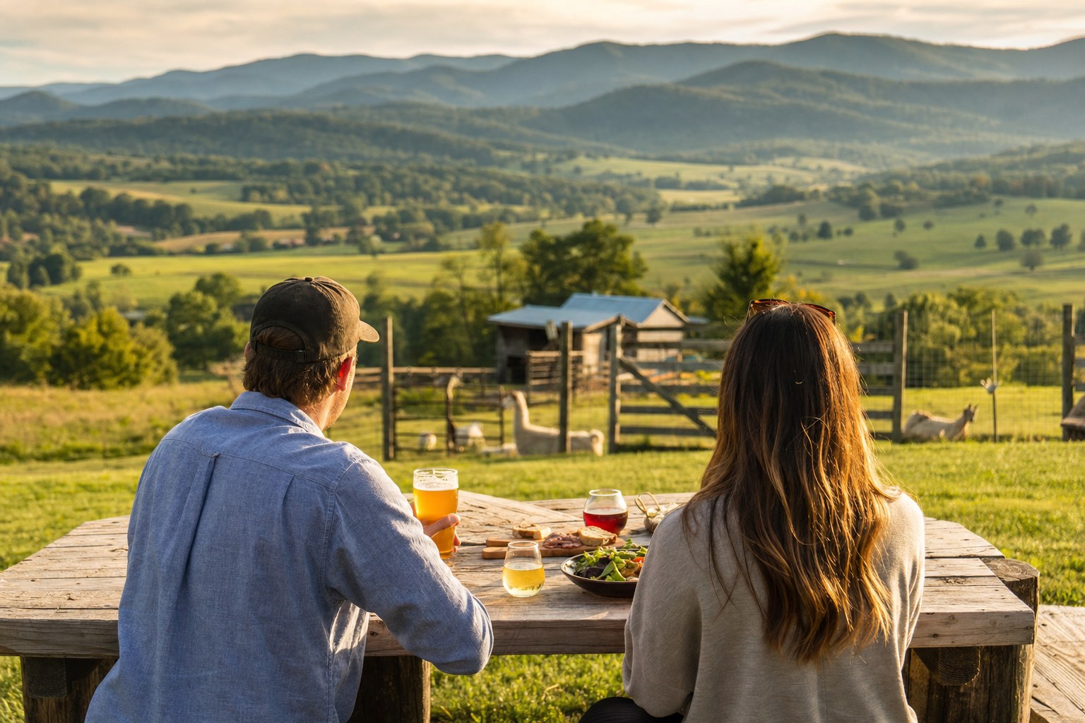 Couple enjoying drinks and a shared meal with Shenandoah Valley views