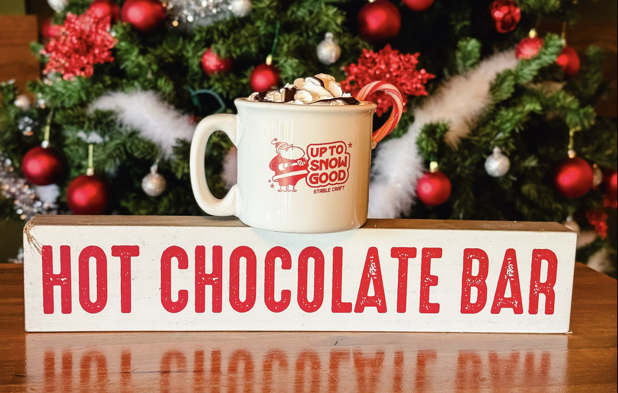 Hot chocolate bar mug with holiday decorations
