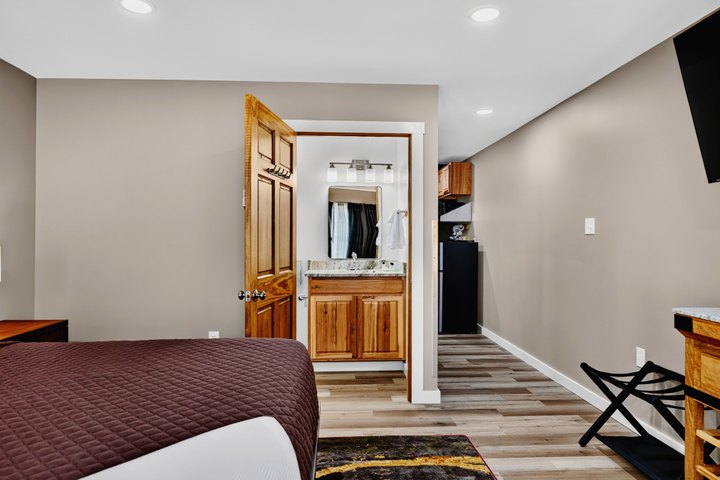 Shenandoah Skies · Loft 204: View from the bedroom toward the bathroom and kitchenette