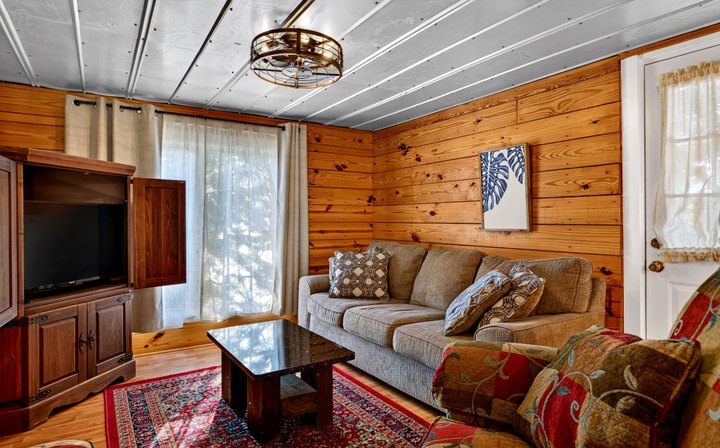 Farmhand Cabin: Timber-paneled living room with sofa and armchair
