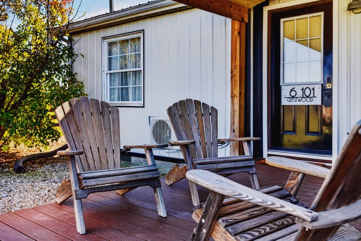 Crestwood: Covered porch with Adirondack chairs