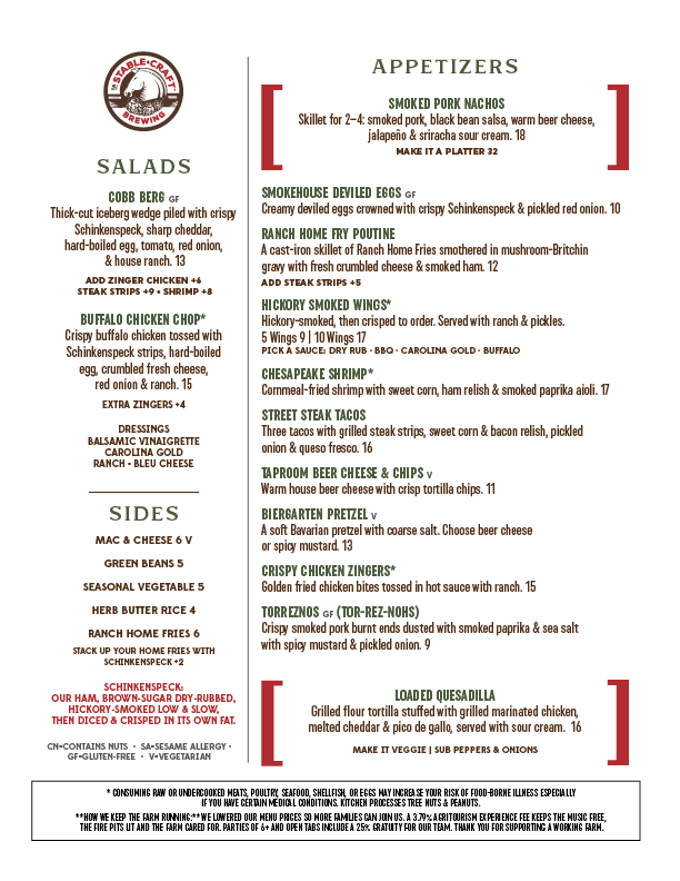October 2026 Stable Craft Brewing menu: salads, sides and appetizers