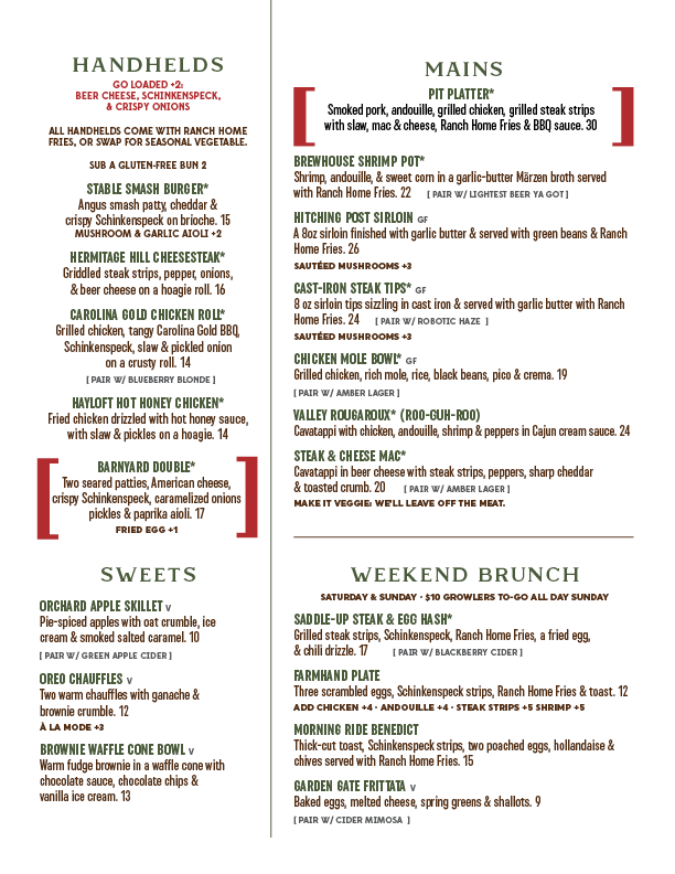 October 2026 Stable Craft Brewing menu: handhelds, mains, sweets and weekend brunch