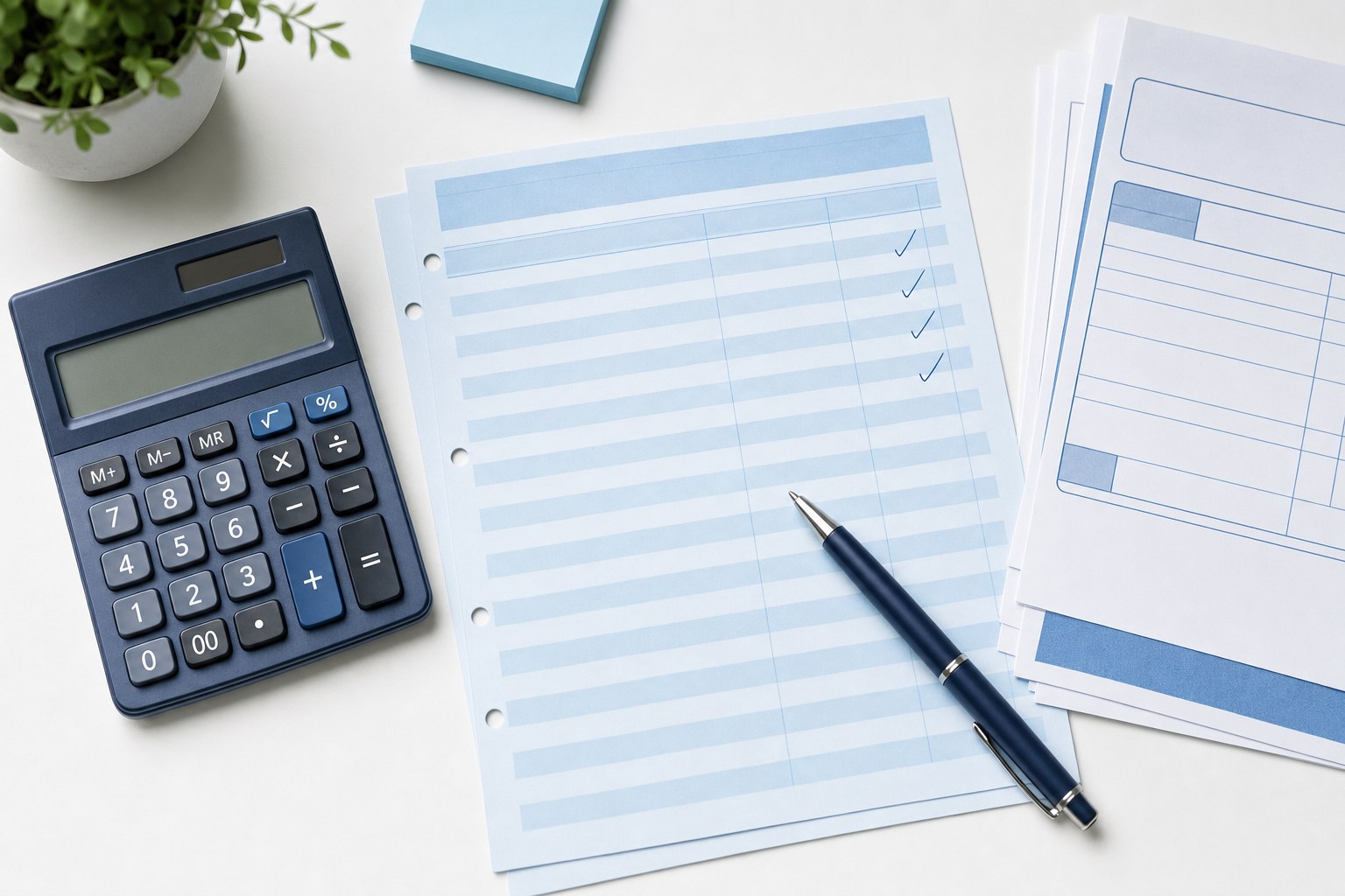 Calculator, reconciled ledger page and invoices arranged for a monthly financial review