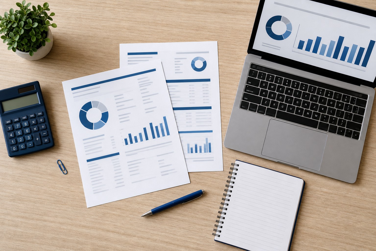 Calculator, account statements and laptop arranged for a monthly bookkeeping reconciliation