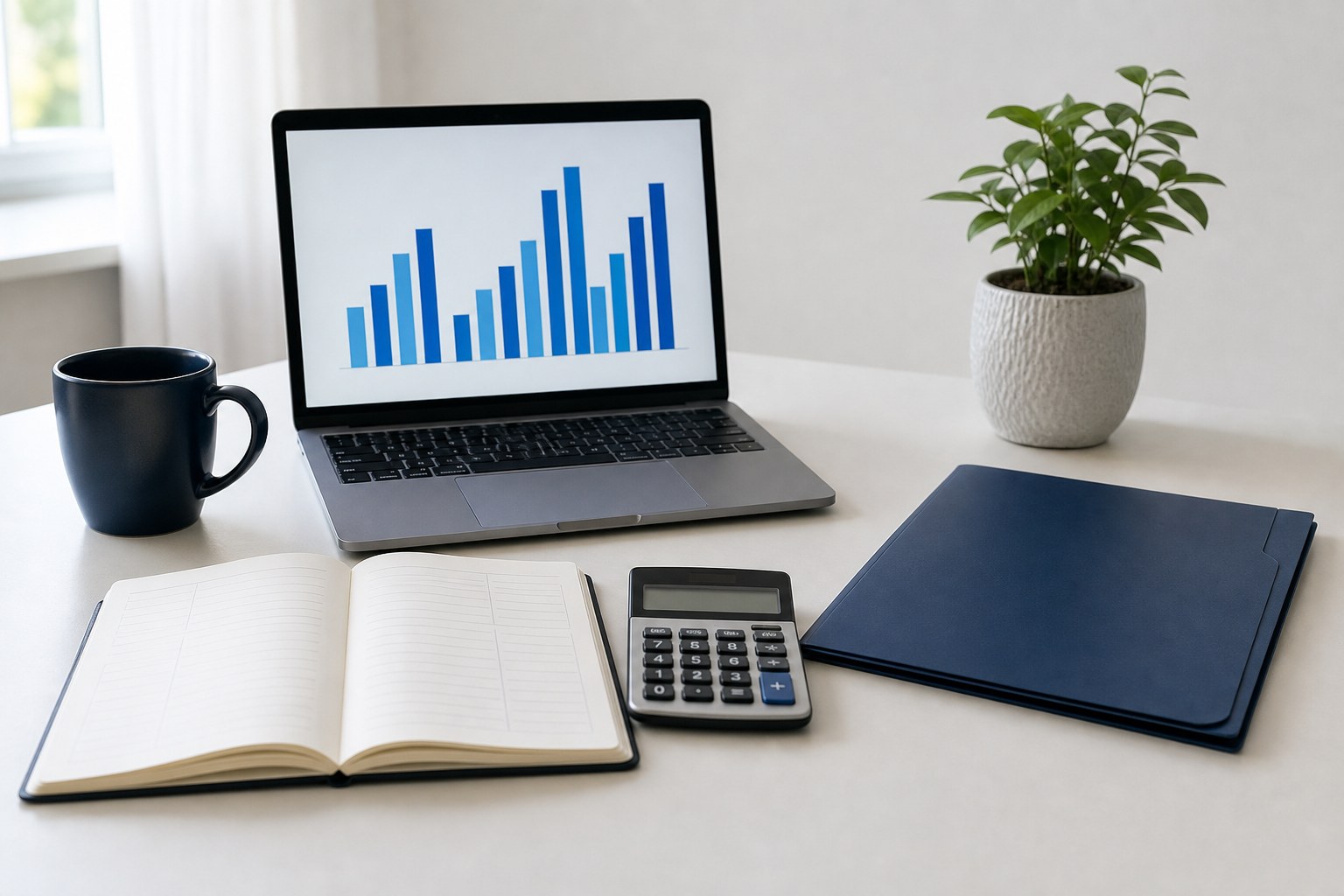 Laptop, calculator, notebook and financial report charts prepared for a small business planning review
