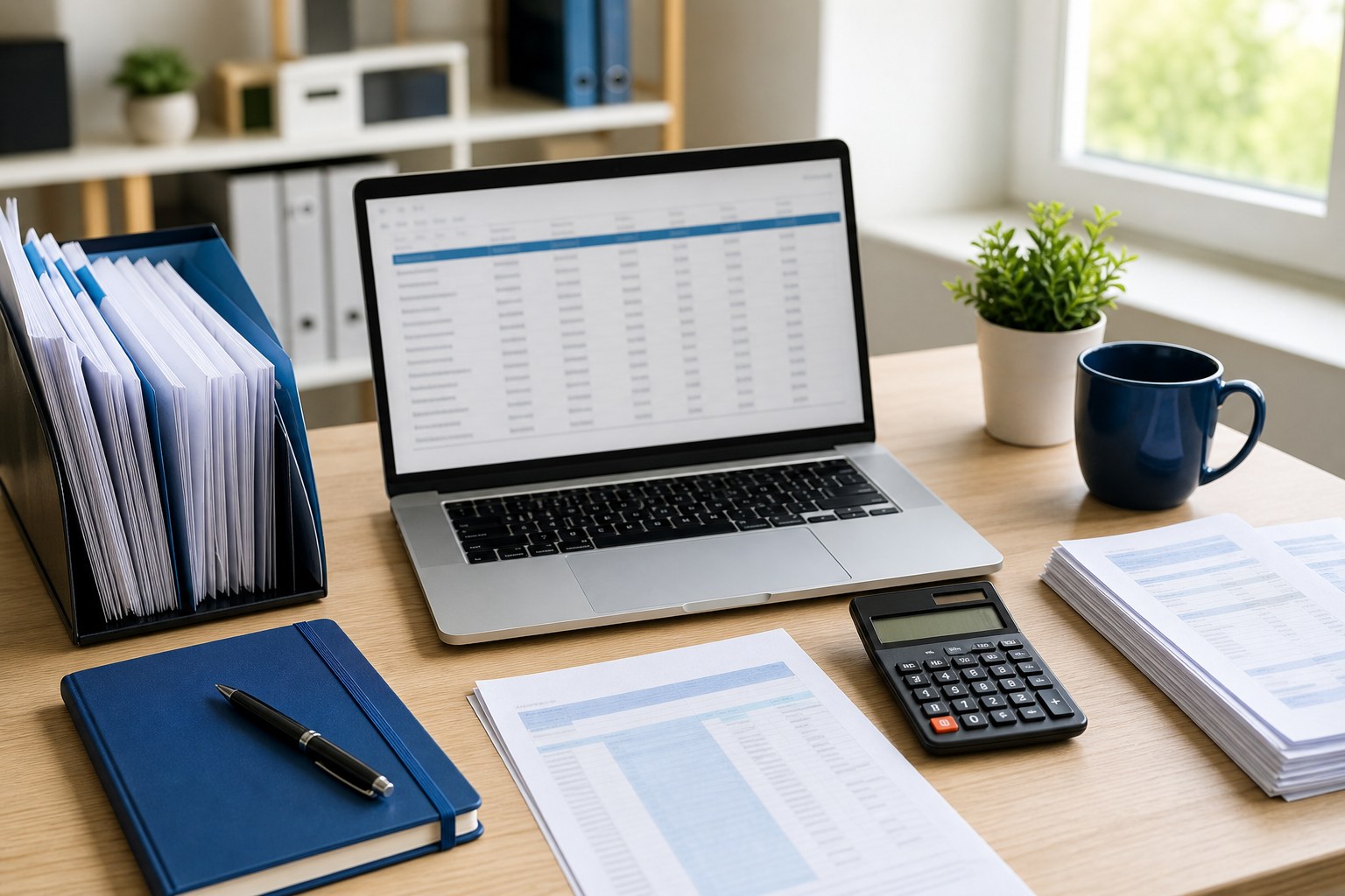 Laptop, calculator, organized folders and financial documents on a small business desk