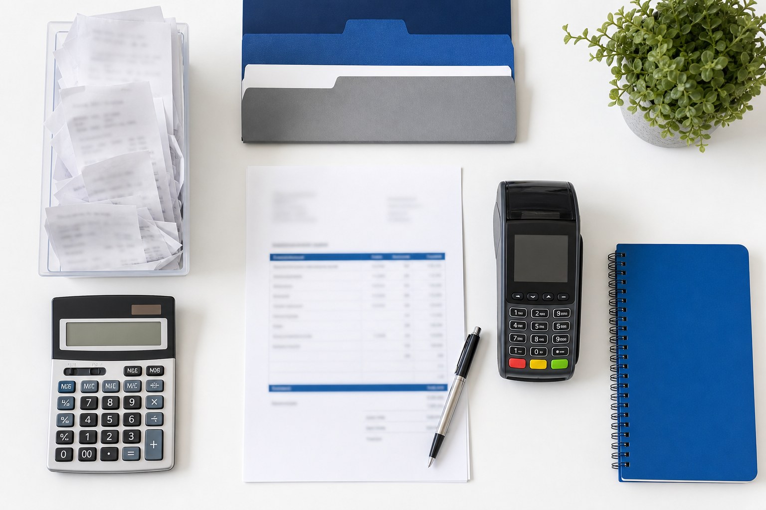 Receipts, folders, calculator, payment terminal and notebook organized for a bookkeeping workflow