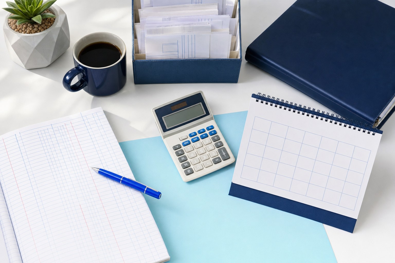 Organized bookkeeping workspace with calendar, documents and calculator