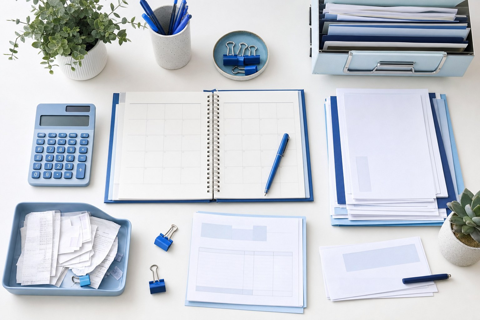 Monthly bookkeeping checklist with calendar, calculator and organized documents