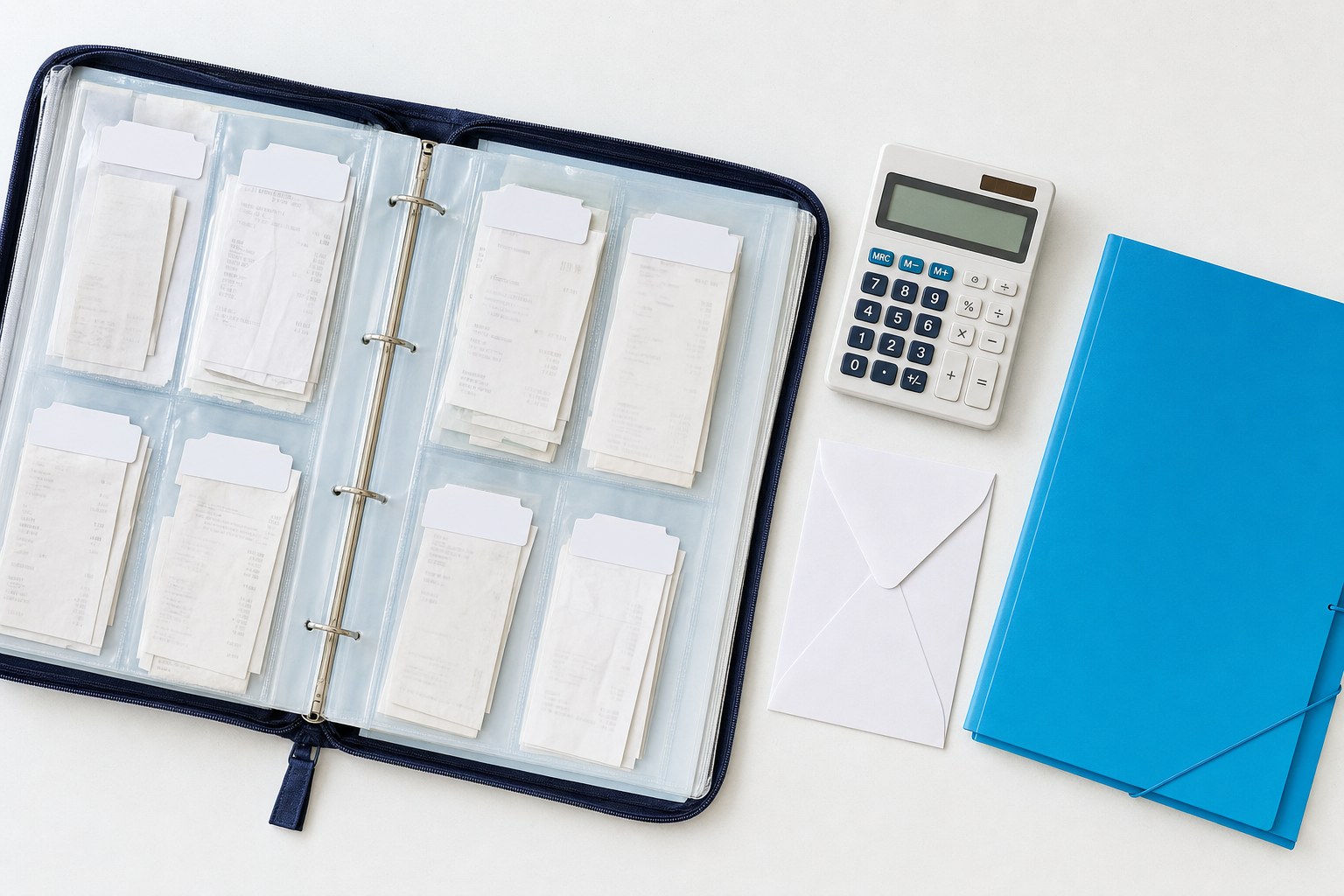 Receipts organized in a document binder beside a calculator and blue folder