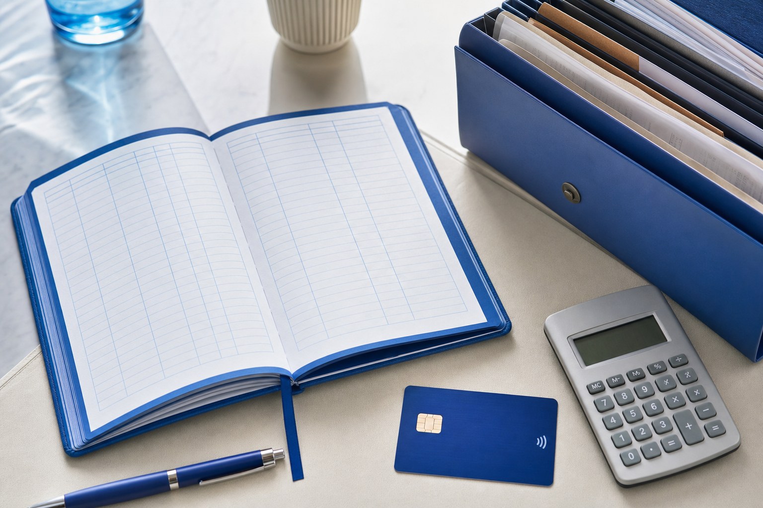 Organized blue notebook, receipts and calculator for bookkeeping