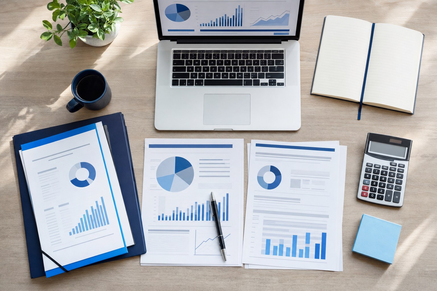 Financial reports, calculator and notebook organized for a small business review