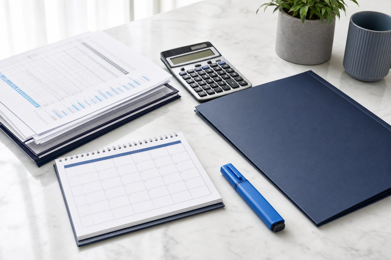 Tax documents and calculator organized on a desk