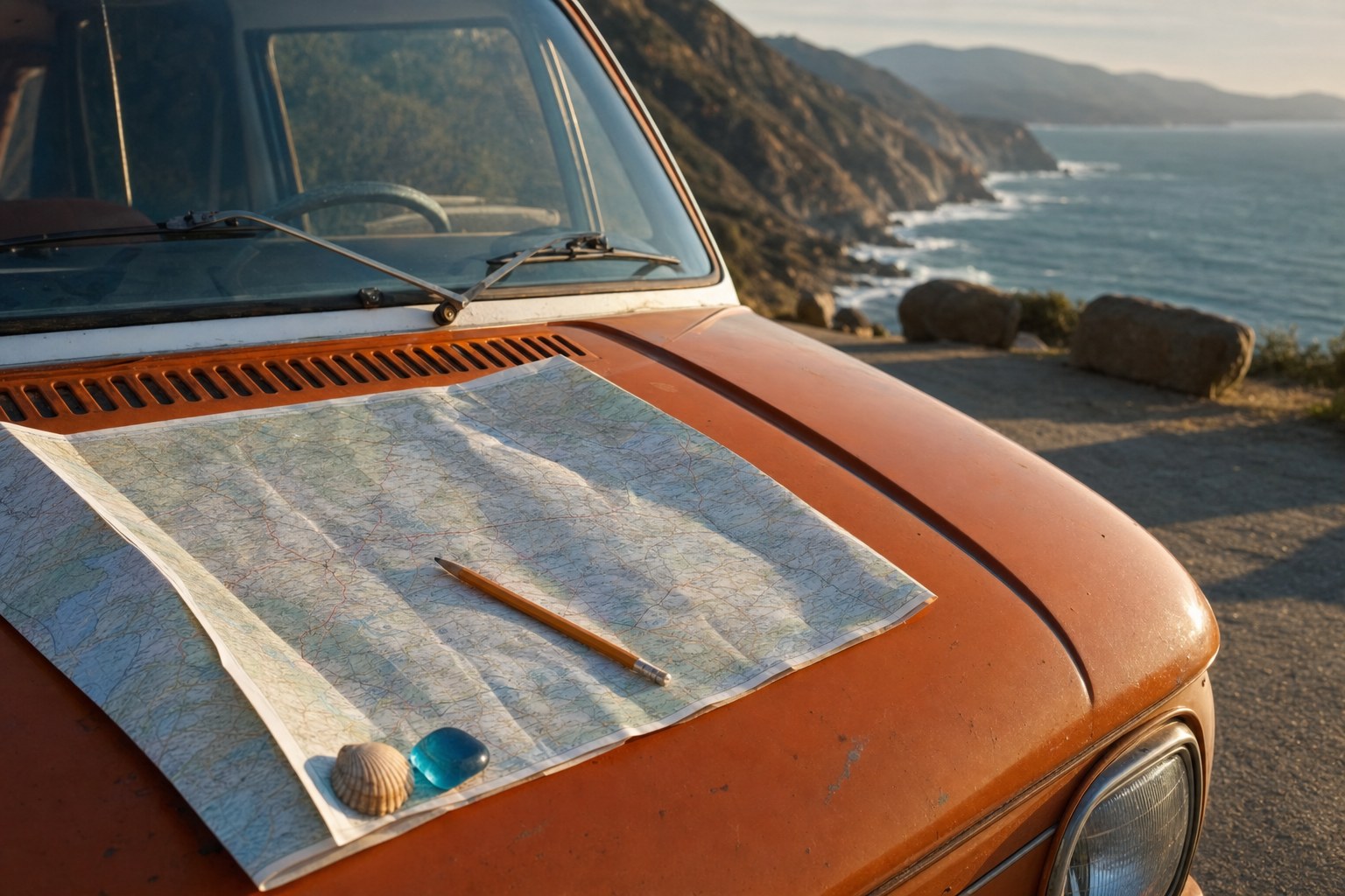 Road map, pencil, shell, and blue sea glass on the hood of an orange vintage camper at a coastal overlook