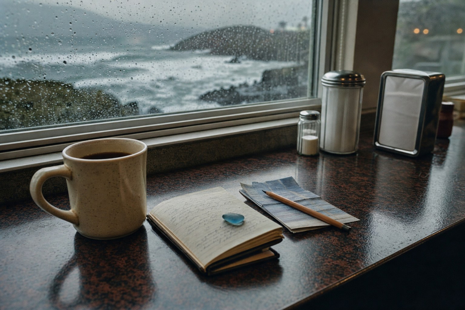 Notebook, coffee, tickets, and blue sea glass on a diner counter beside a rain-streaked coastal window