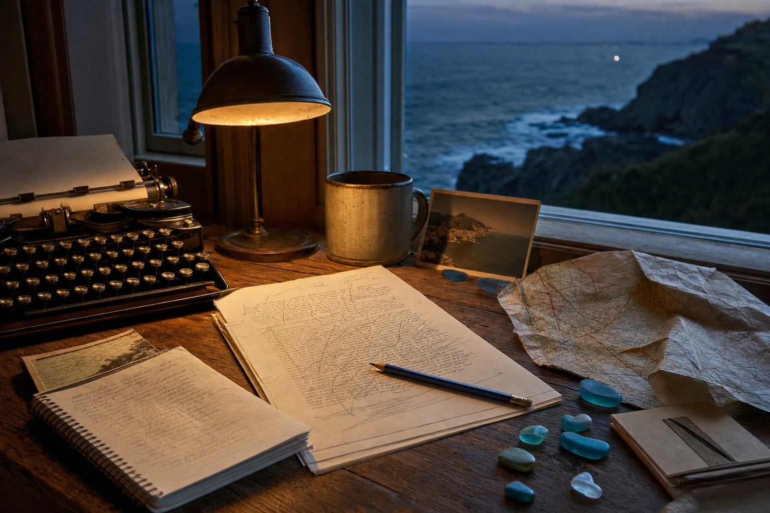 Marked-up travel draft, notebooks, road map, and blue sea glass on a desk by the coast at blue hour